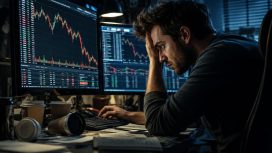 Ein Mann sitzt vor seinem Computer. Geöffnet sind Trading-Webseiten.