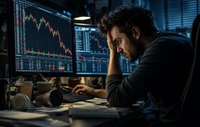 Ein Mann sitzt vor seinem Computer. Geöffnet sind Trading-Webseiten.