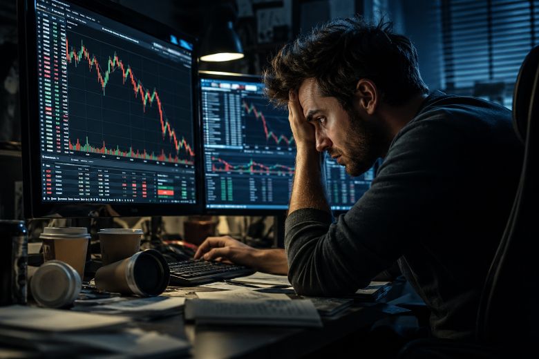 Ein Mann sitzt vor seinem Computer. Geöffnet sind Trading-Webseiten.