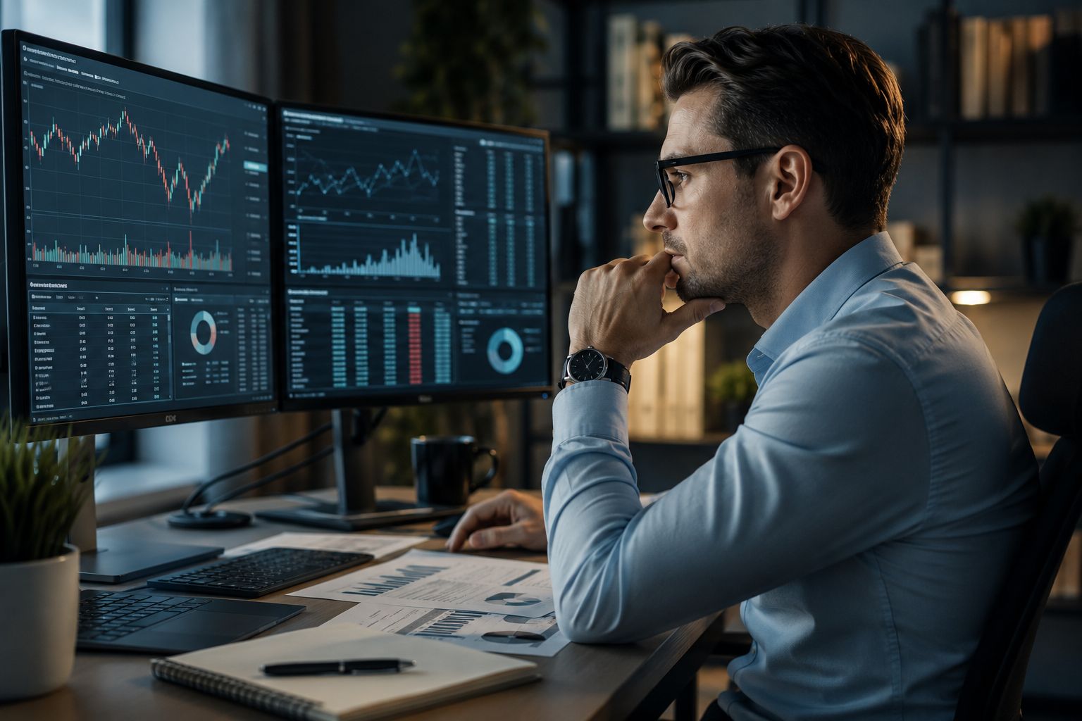 Ein Mann studiert aufmerksam Statistiken für sein Daytrading.