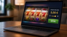 Laptop mit geöffneter Online Spielothek auf einem Holztisch. Auf dem Bildschirm ist ein Automatenspiel mit einem Einsatz von 5 Euro pro Spin zu sehen. Die Szene steht symbolisch für das seit Juli 2026 erhöhte Einsatzlimit in deutschen Online Spielotheken.