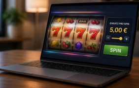 Laptop mit geöffneter Online Spielothek auf einem Holztisch. Auf dem Bildschirm ist ein Automatenspiel mit einem Einsatz von 5 Euro pro Spin zu sehen. Die Szene steht symbolisch für das seit Juli 2026 erhöhte Einsatzlimit in deutschen Online Spielotheken.