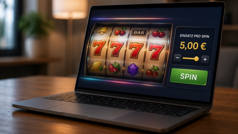 Laptop mit geöffneter Online Spielothek auf einem Holztisch. Auf dem Bildschirm ist ein Automatenspiel mit einem Einsatz von 5 Euro pro Spin zu sehen. Die Szene steht symbolisch für das seit Juli 2026 erhöhte Einsatzlimit in deutschen Online Spielotheken.