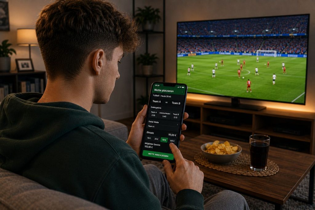 Ein junger Mann schaut ein Fußballspiel und platziert Wetten darauf.