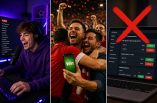 Ein junger Mann streamt sich auf Twitch. Fußballfans jubeln nach dem Gewinn einer Wette. Ein Prognosemarkt ist mit einem roten X durchgestrichen.