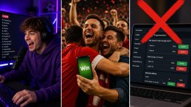 Ein junger Mann streamt sich auf Twitch. Fußballfans jubeln nach dem Gewinn einer Wette. Ein Prognosemarkt ist mit einem roten X durchgestrichen.