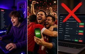 Ein junger Mann streamt sich auf Twitch. Fußballfans jubeln nach dem Gewinn einer Wette. Ein Prognosemarkt ist mit einem roten X durchgestrichen.