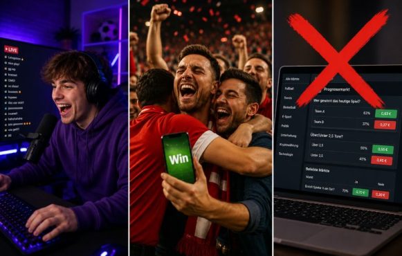 Ein junger Mann streamt sich auf Twitch. Fußballfans jubeln nach dem Gewinn einer Wette. Ein Prognosemarkt ist mit einem roten X durchgestrichen.