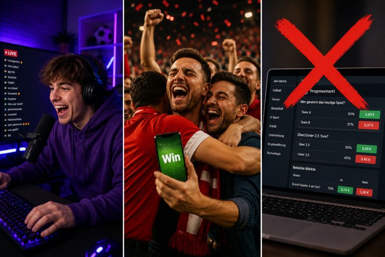 Ein junger Mann streamt sich auf Twitch. Fußballfans jubeln nach dem Gewinn einer Wette. Ein Prognosemarkt ist mit einem roten X durchgestrichen.