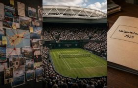 Eine Pinnwand mit Ermittlungsergebnissen, der Court in Wimbledon und eine Mappe mit der Aufschrift „Tätigkeitsbericht 2025“.