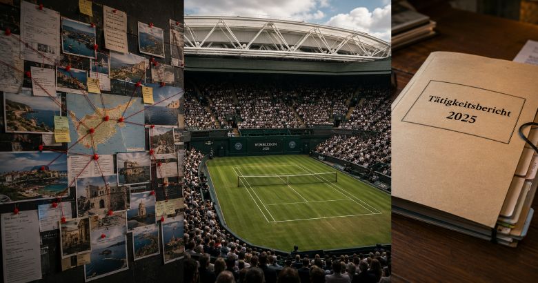 Eine Pinnwand mit Ermittlungsergebnissen, der Court in Wimbledon und eine Mappe mit der Aufschrift „Tätigkeitsbericht 2025“.