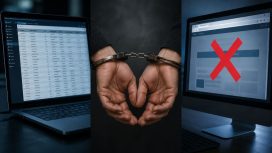 Eine Datenbank ist auf einem Laptop geöffnet. Einem Mann wurden Handschellen angelegt. Eine Website kann nicht geöffnet werden.
