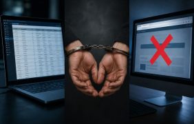 Eine Datenbank ist auf einem Laptop geöffnet. Einem Mann wurden Handschellen angelegt. Eine Website kann nicht geöffnet werden.