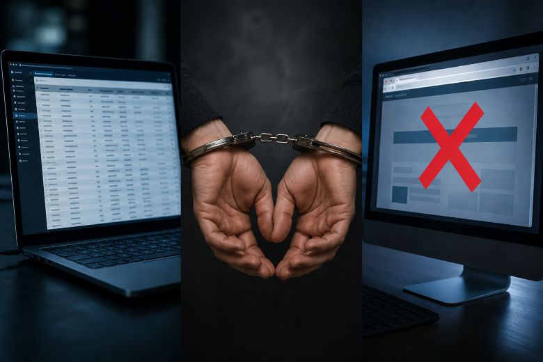 Eine Datenbank ist auf einem Laptop geöffnet. Einem Mann wurden Handschellen angelegt. Eine Website kann nicht geöffnet werden.