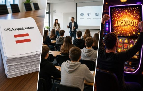 Ein Aktenstapel mit dem Titel „Glücksspielreform“ und der österreichischen Flagge. Experten halten einen Vortrag vor einer Schulklasse. Ein Mann jubelt, weil er den Jackpot an einem Spielautomaten gewonnen hat.