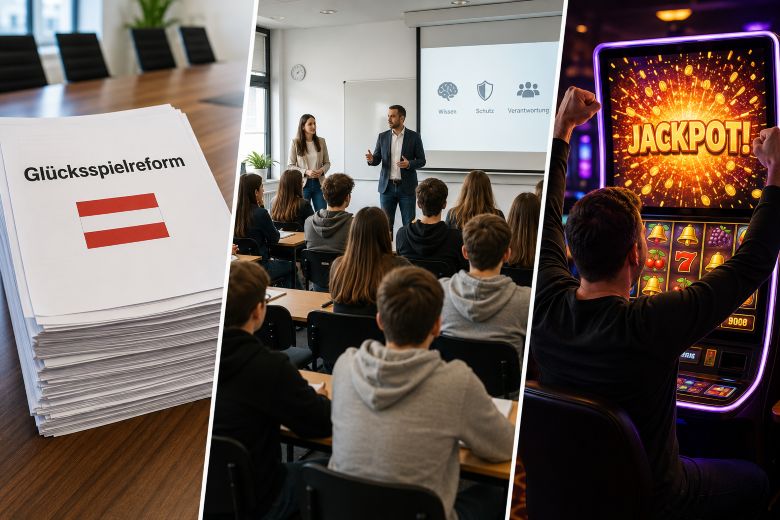 Ein Aktenstapel mit dem Titel „Glücksspielreform“ und der österreichischen Flagge. Experten halten einen Vortrag vor einer Schulklasse. Ein Mann jubelt, weil er den Jackpot an einem Spielautomaten gewonnen hat.