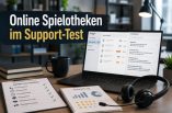 Ein Bildschirm, auf dem steht: Online Spielotheken im Support Test. Daneben verschiedene Dokumente und Auswertungen.