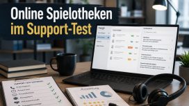 Ein Bildschirm, auf dem steht: Online Spielotheken im Support Test. Daneben verschiedene Dokumente und Auswertungen.