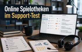 Ein Bildschirm, auf dem steht: Online Spielotheken im Support Test. Daneben verschiedene Dokumente und Auswertungen.