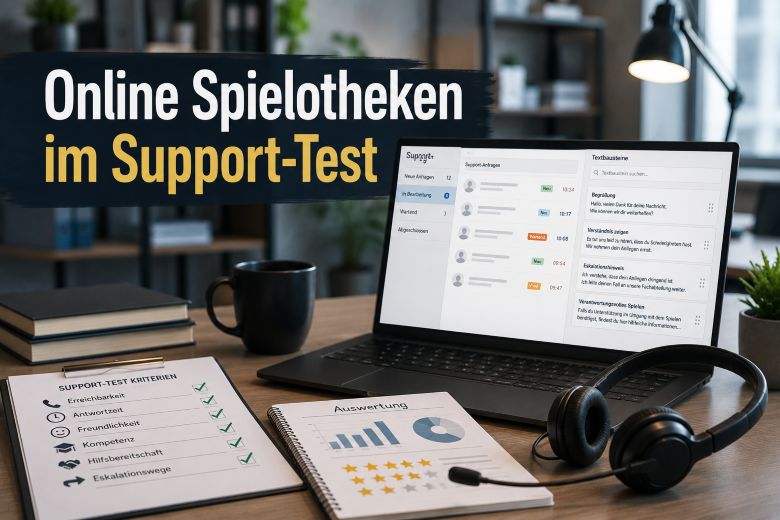 Ein Bildschirm, auf dem steht: Online Spielotheken im Support Test. Daneben verschiedene Dokumente und Auswertungen.