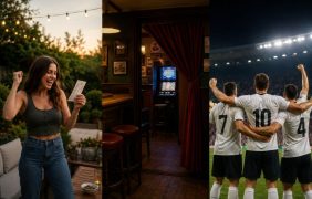 Eine Frau jubelt über ein Los. Ein Spielautomat in einem Hinterzimmer. Jubelnde Fußballspieler.