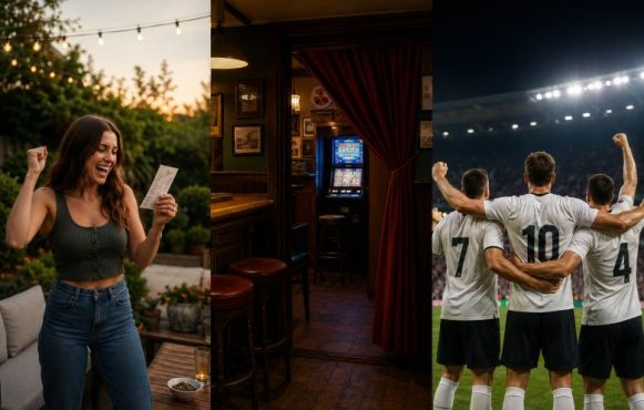 Eine Frau jubelt über ein Los. Ein Spielautomat in einem Hinterzimmer. Jubelnde Fußballspieler.
