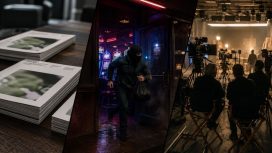Ein Stapel Magazine auf einem Tisch. Ein vermummter Mann rennt aus einer Spielhalle. Ein Filmset beim Dreh.