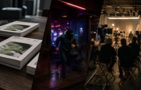 Ein Stapel Magazine auf einem Tisch. Ein vermummter Mann rennt aus einer Spielhalle. Ein Filmset beim Dreh.
