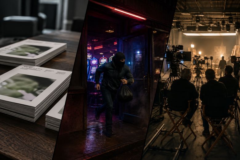 Ein Stapel Magazine auf einem Tisch. Ein vermummter Mann rennt aus einer Spielhalle. Ein Filmset beim Dreh.