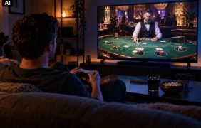 Ein Mann spielt auf der Konsole. Im Spiel besucht er gerade ein realistisch wirkendes Casino.