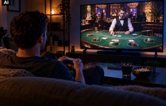 Ein Mann spielt auf der Konsole. Im Spiel besucht er gerade ein realistisch wirkendes Casino.