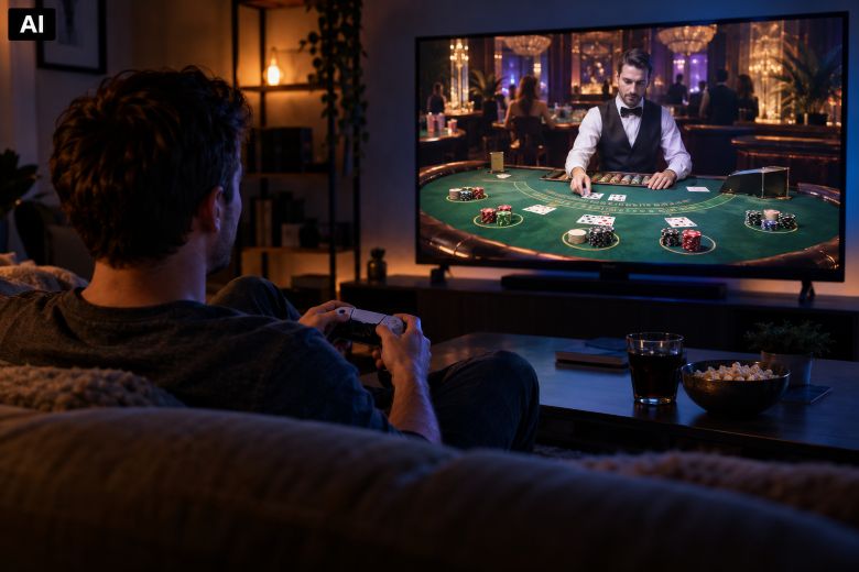 Ein Mann spielt auf der Konsole. Im Spiel besucht er gerade ein realistisch wirkendes Casino.