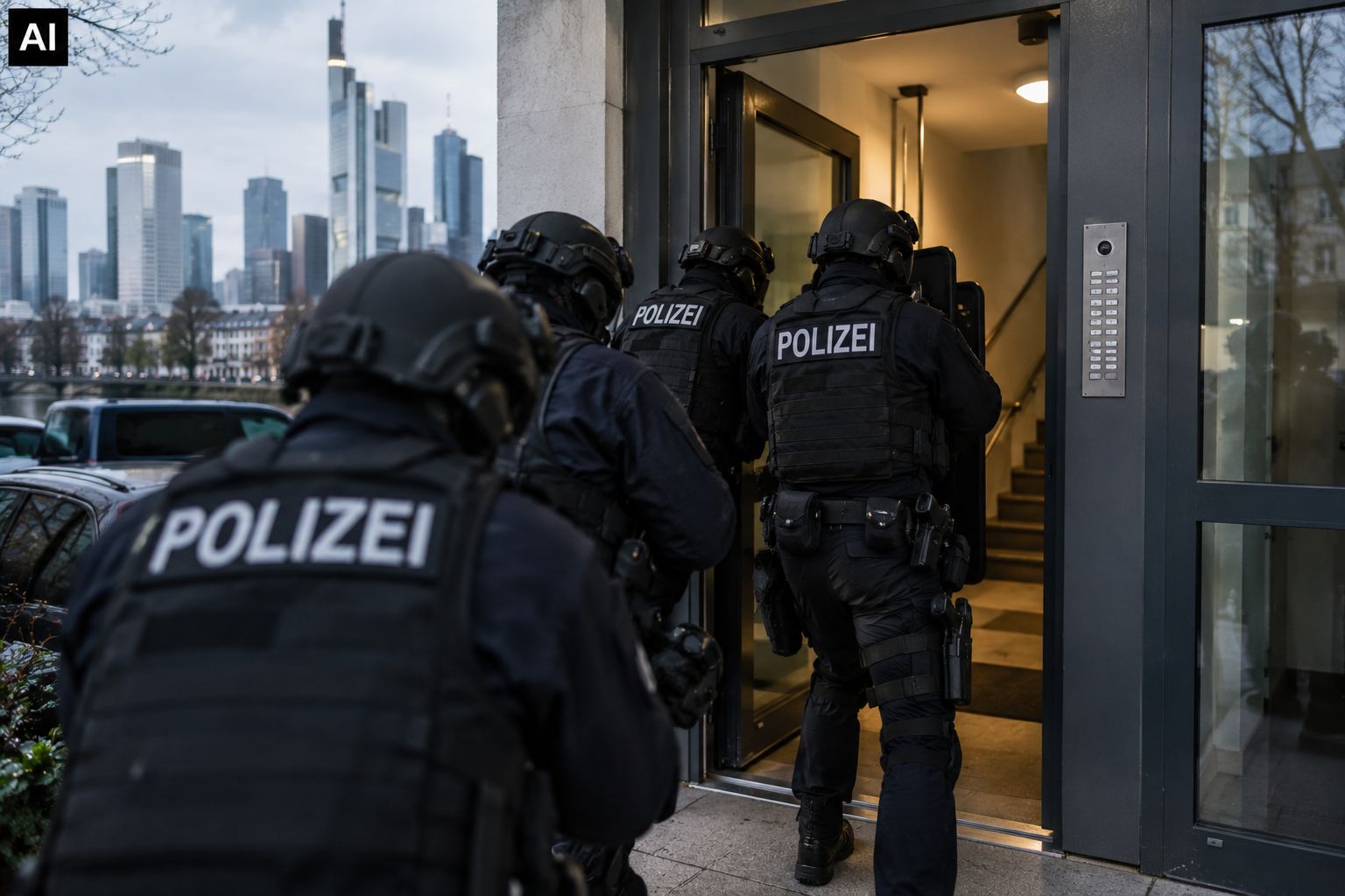 Polizeibeamte stürmen ein Gebäude in Frankfurt am Main.