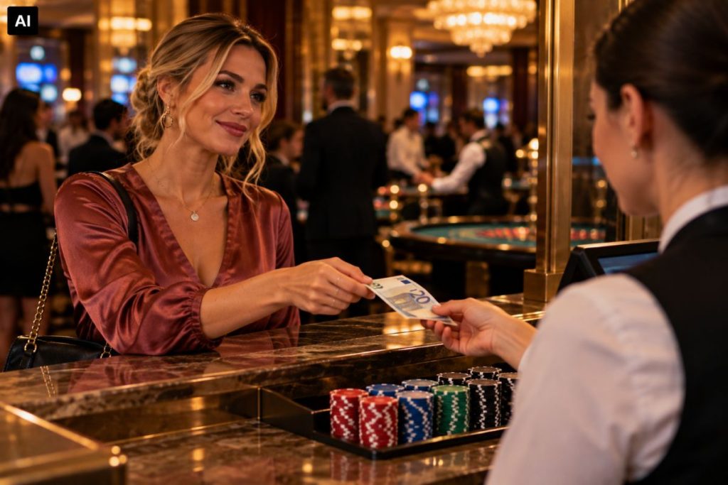 Eine Frau tauscht in einer Spielbank 20 Euro in Jetons um.