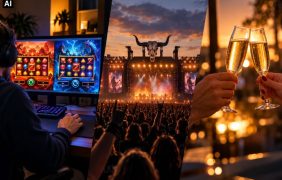 Auf einem Bildschirm sind zwei Slots zu sehen. Eine Bühne auf dem Wacken-Festival. Zwei Personen stoßen mit Sekt an.