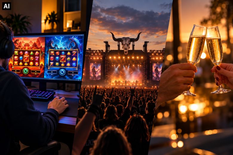 Auf einem Bildschirm sind zwei Slots zu sehen. Eine Bühne auf dem Wacken-Festival. Zwei Personen stoßen mit Sekt an.