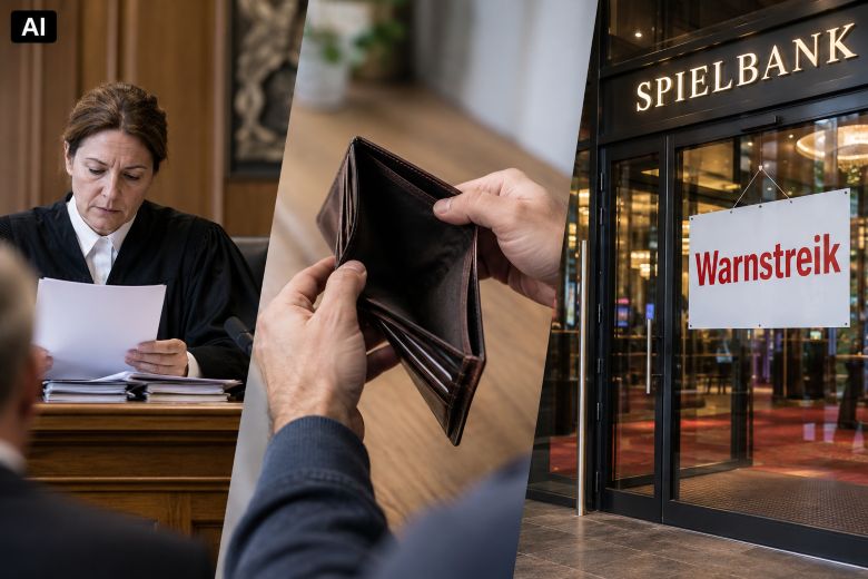 Eine Richterin liest eine Anklageschrift. Ein Mann schaut in sein leeres Portemonnaie. Eine Spielbank hat wegen eines Warnstreiks geschlossen.