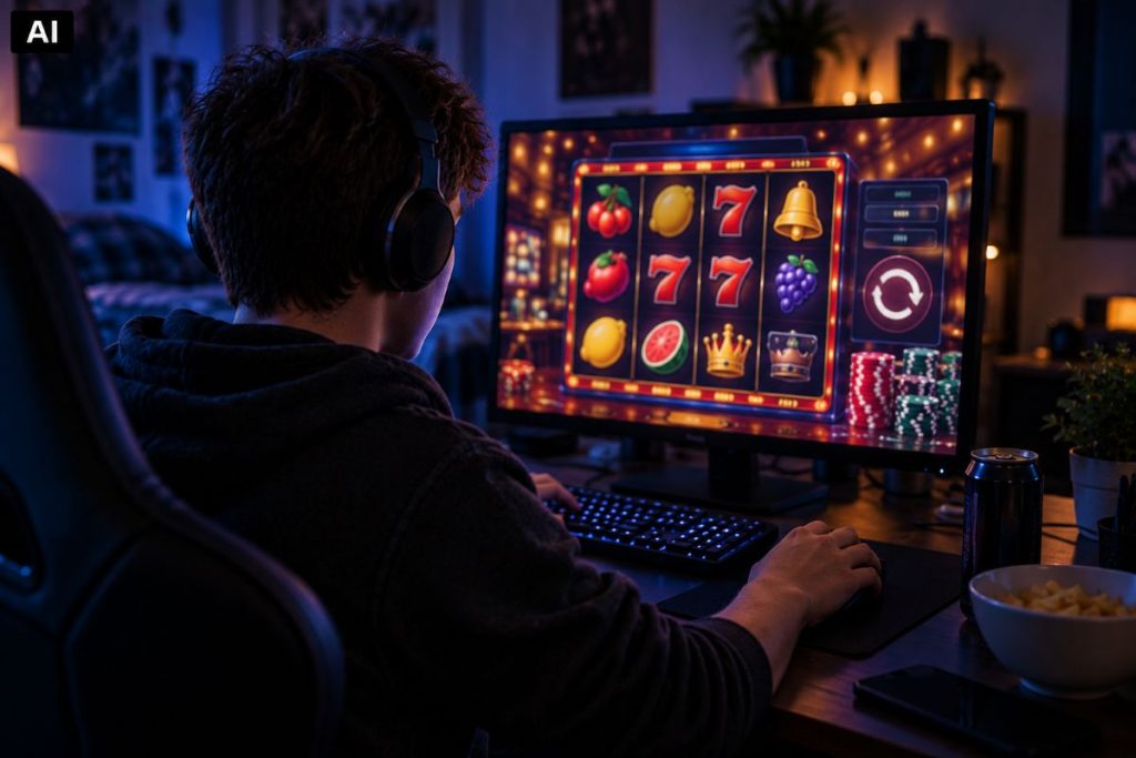 Ein junger Mann spielt auf seinem Computer Slots.