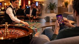 Auf der linken Seite sehen wir eine Croupière in einem Casino an einem Blackjack-Tisch. Rechts sitzt ein Mann auf seiner Couch und spielt auf seinem Handy an einem Slot-Automaten.
