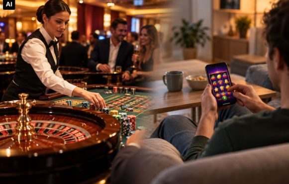 Auf der linken Seite sehen wir eine Croupière in einem Casino an einem Blackjack-Tisch. Rechts sitzt ein Mann auf seiner Couch und spielt auf seinem Handy an einem Slot-Automaten.