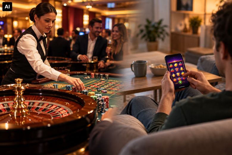 Auf der linken Seite sehen wir eine Croupière in einem Casino an einem Blackjack-Tisch. Rechts sitzt ein Mann auf seiner Couch und spielt auf seinem Handy an einem Slot-Automaten.