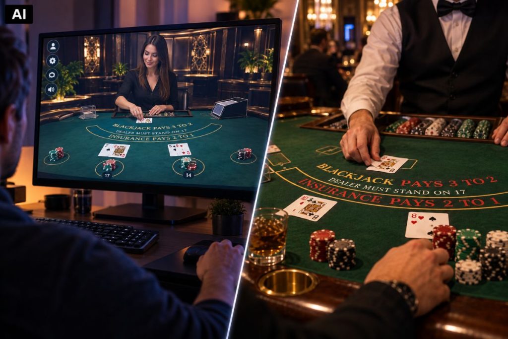 Ein zweigeteiltes Bild. Links spielt jemand Blackjack in einem Videospiel. Rechts spielt jemand Blackjack im echten Casino.