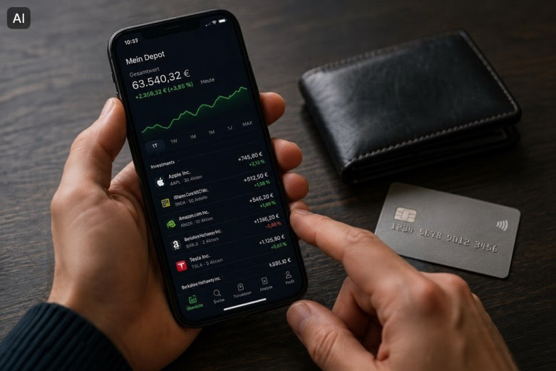 Ein Mann hat sein Depot auf seinem Smartphone geöffnet. Daneben liegt seine Bankkarte.