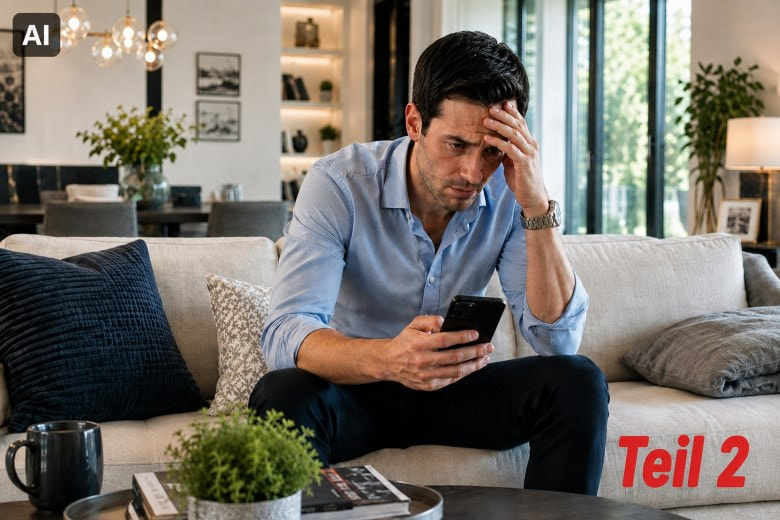 Ein Mann schaut auf sein Smartphone und sieht verzweifelt aus.