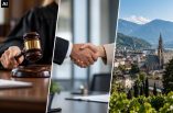 Ein Richterhammer wird geschwungen, zwei Menschen geben sich die Hand und ein Blick über Bozen, Südtirol.