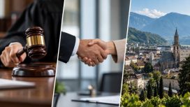 Ein Richterhammer wird geschwungen, zwei Menschen geben sich die Hand und ein Blick über Bozen, Südtirol.