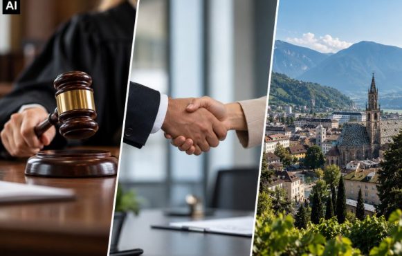 Ein Richterhammer wird geschwungen, zwei Menschen geben sich die Hand und ein Blick über Bozen, Südtirol.