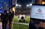 Die Polizei stürmt ein Gebäude. Ein Fußball liegt auf dem Rasen in einem großen Stadion. Eine Website wird durch eine IP-Sperre blockiert.