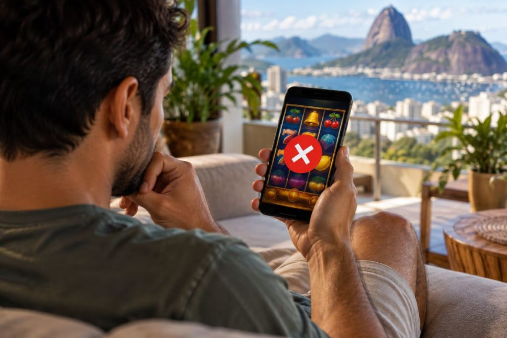 Ein Mann in Brasilien schaut auf sein Smartphone. Seine Glücksspiel-App ist gesperrt.