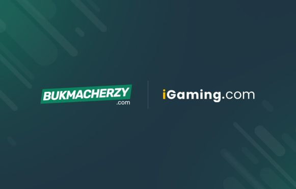 Die Logos des Wettportals Bukmacherzy.com und der iGaming.com Group nebeneinander auf dunkelgrünem Hintergrund.